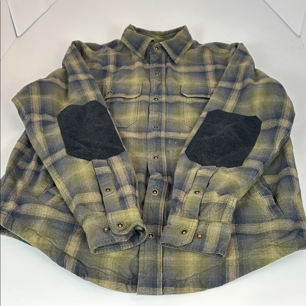 Men's Green Plaid Shirt Jacket with Black Elbow Patches